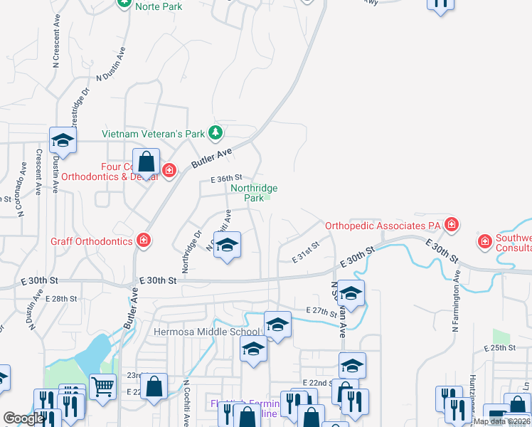 map of restaurants, bars, coffee shops, grocery stores, and more near 3407 Northridge Ct in Farmington