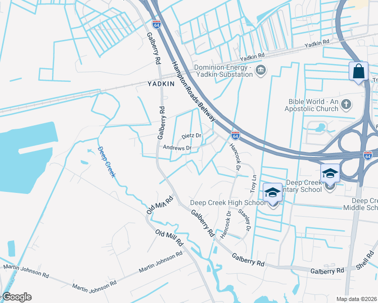 map of restaurants, bars, coffee shops, grocery stores, and more near 3321 Andrews Drive in Chesapeake