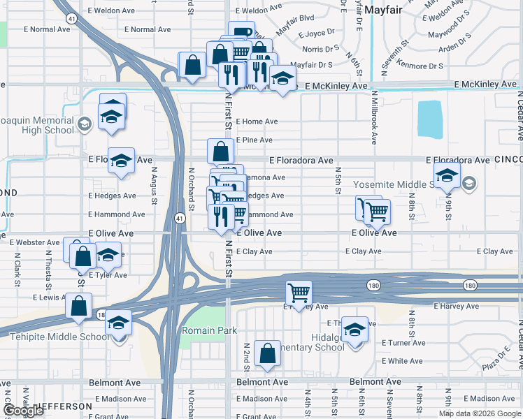 map of restaurants, bars, coffee shops, grocery stores, and more near 3233 East Hammond Avenue in Fresno