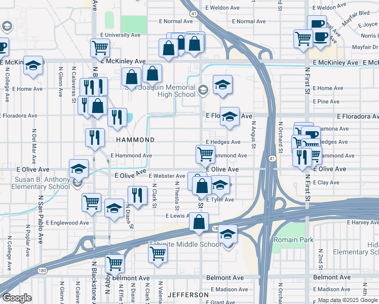 map of restaurants, bars, coffee shops, grocery stores, and more near 2409 East Hammond Avenue in Fresno
