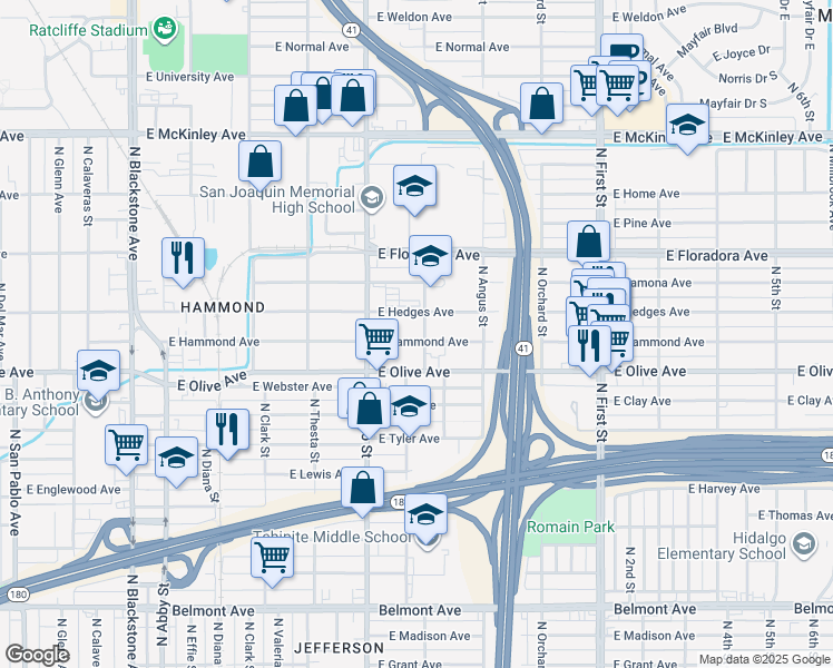 map of restaurants, bars, coffee shops, grocery stores, and more near 2611 East Hammond Avenue in Fresno