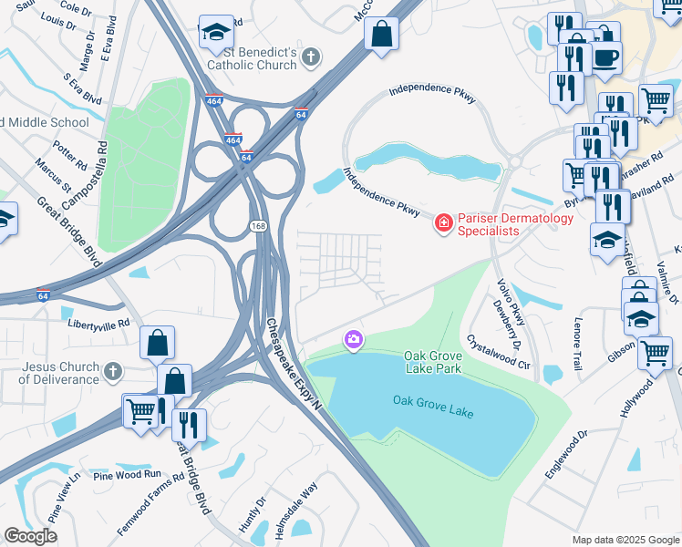 map of restaurants, bars, coffee shops, grocery stores, and more near 1221 Dutchess Of York Quay in Chesapeake
