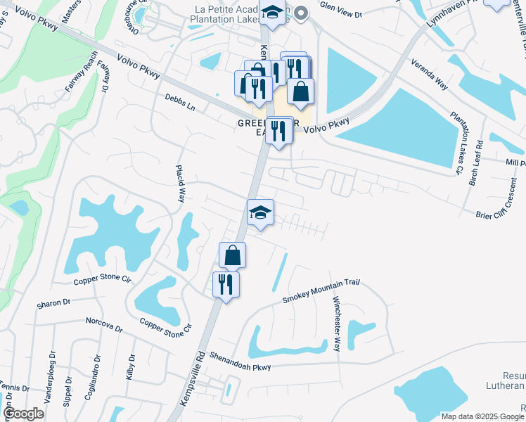 map of restaurants, bars, coffee shops, grocery stores, and more near 1228 Kempsville Road in Chesapeake