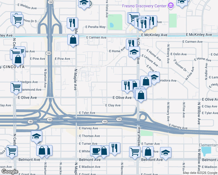 map of restaurants, bars, coffee shops, grocery stores, and more near 1268 North Sierra Vista Avenue in Fresno