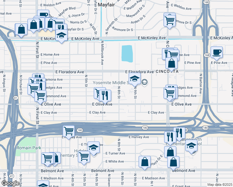 map of restaurants, bars, coffee shops, grocery stores, and more near 1263 North 8th Street in Fresno