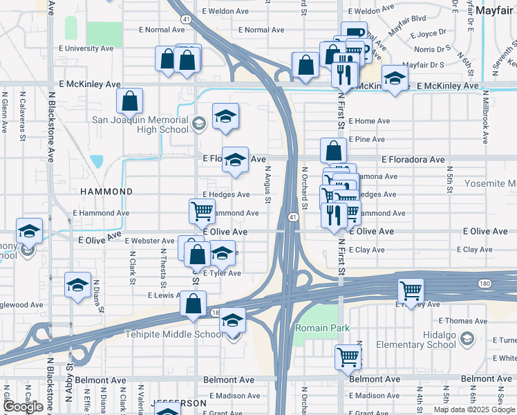 map of restaurants, bars, coffee shops, grocery stores, and more near 2811 East Hammond Avenue in Fresno