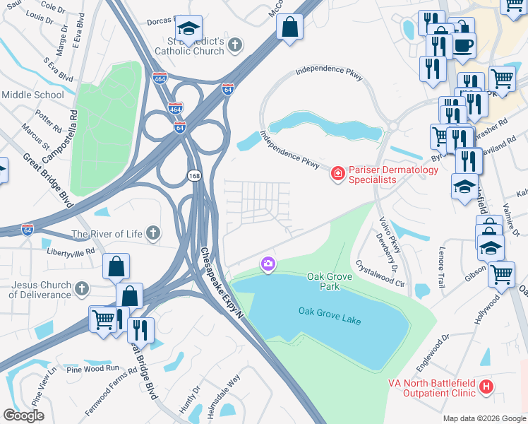 map of restaurants, bars, coffee shops, grocery stores, and more near 1233 Dutchess Of York Quay in Chesapeake