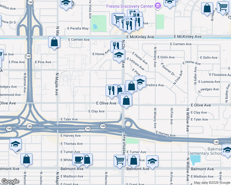 map of restaurants, bars, coffee shops, grocery stores, and more near 4781 E Hammond Ave in Fresno