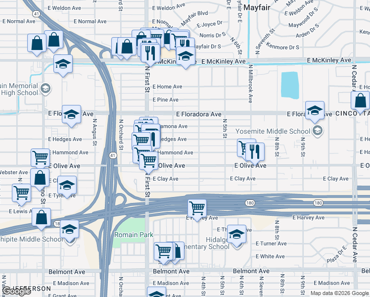 map of restaurants, bars, coffee shops, grocery stores, and more near 3309 East Hammond Avenue in Fresno