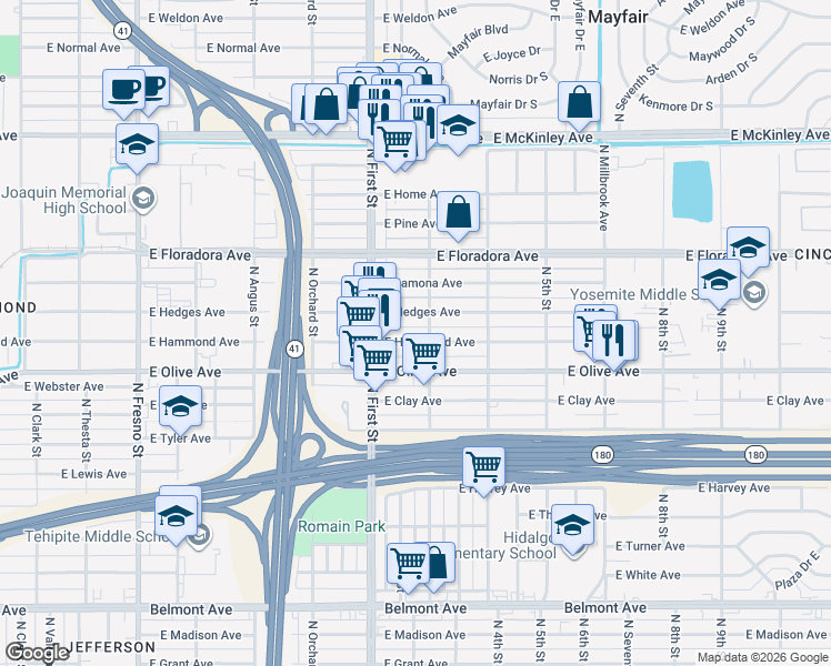 map of restaurants, bars, coffee shops, grocery stores, and more near 3233 East Hammond Avenue in Fresno
