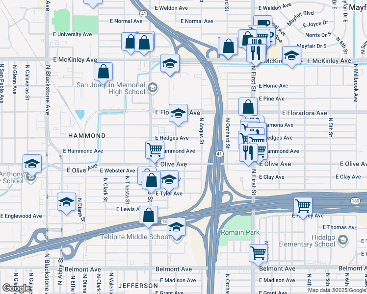 map of restaurants, bars, coffee shops, grocery stores, and more near 2811 East Hammond Avenue in Fresno