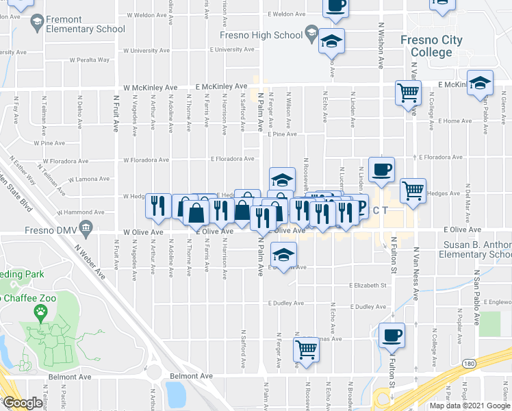 map of restaurants, bars, coffee shops, grocery stores, and more near 1278 North Safford Avenue in Fresno