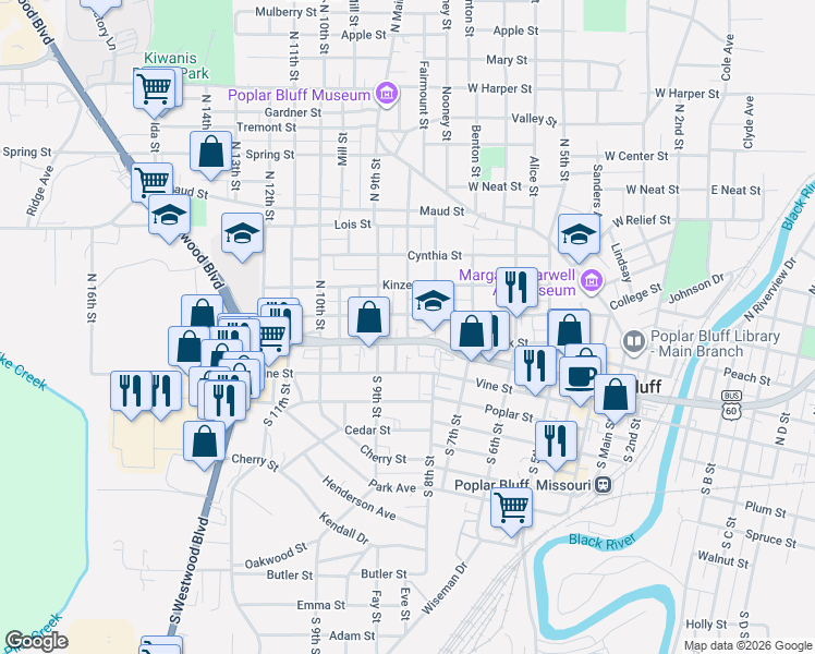map of restaurants, bars, coffee shops, grocery stores, and more near 808 Lester Street in Poplar Bluff