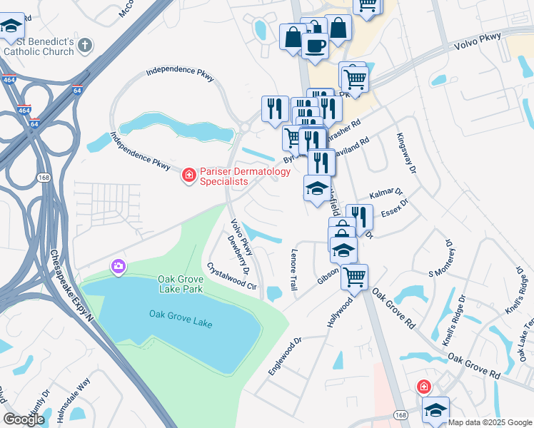 map of restaurants, bars, coffee shops, grocery stores, and more near 1228 Corkwood Circle in Chesapeake