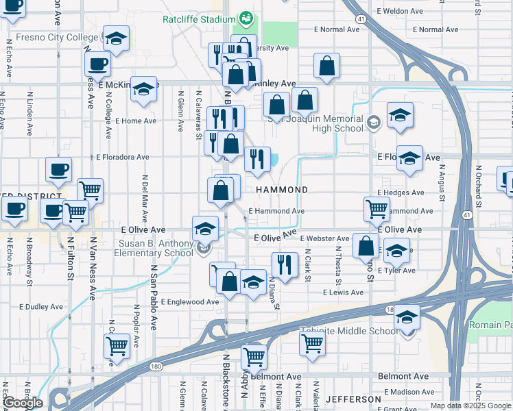 map of restaurants, bars, coffee shops, grocery stores, and more near 1821 East Hammond Avenue in Fresno
