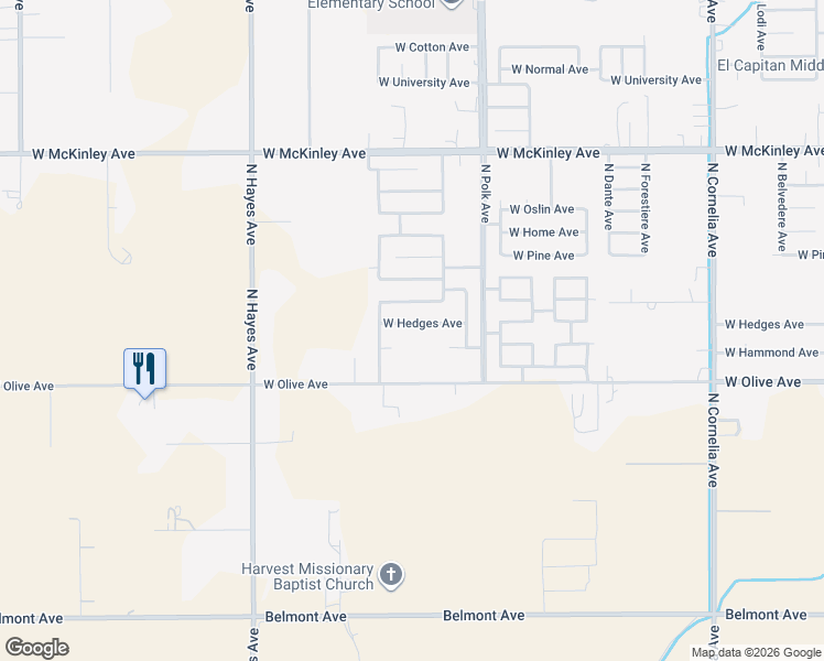map of restaurants, bars, coffee shops, grocery stores, and more near 5627 West Hedges Avenue in Fresno