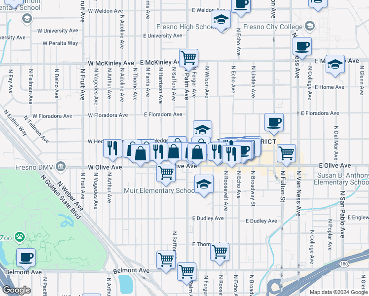 map of restaurants, bars, coffee shops, grocery stores, and more near 1267 North Palm Avenue in Fresno