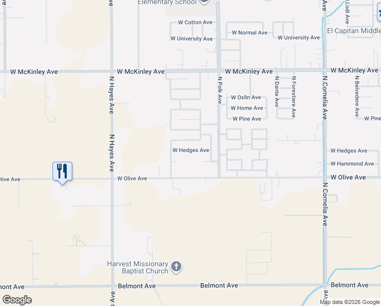 map of restaurants, bars, coffee shops, grocery stores, and more near 5627 West Hedges Avenue in Fresno
