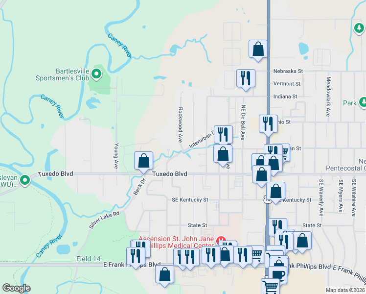 map of restaurants, bars, coffee shops, grocery stores, and more near 200 Rockwood Avenue in Bartlesville