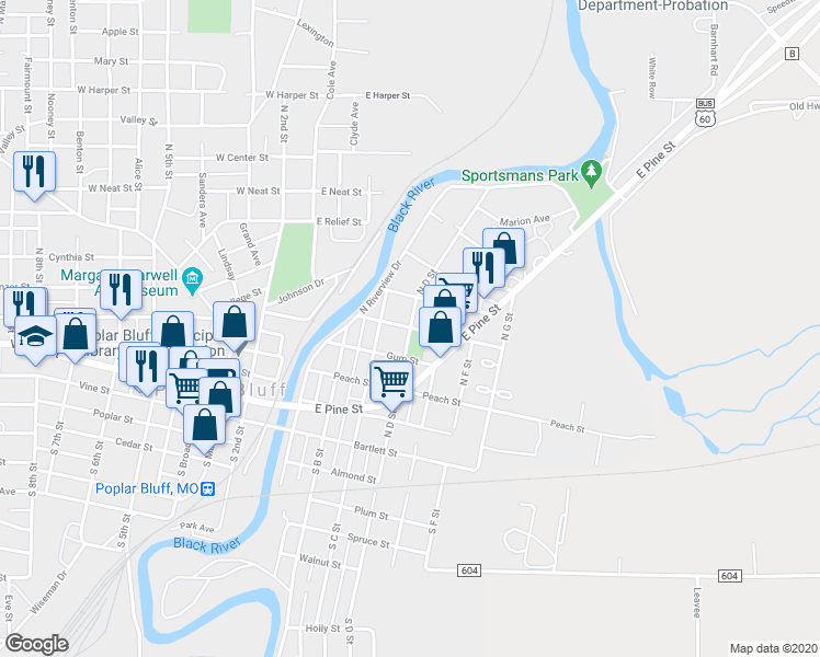 map of restaurants, bars, coffee shops, grocery stores, and more near 398 Sycamore Street in Poplar Bluff