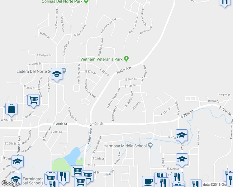 map of restaurants, bars, coffee shops, grocery stores, and more near 3308 East Mesa Verde Avenue in Farmington