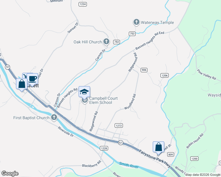 map of restaurants, bars, coffee shops, grocery stores, and more near 407 Ridgewood Road in Bassett