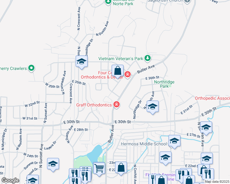 map of restaurants, bars, coffee shops, grocery stores, and more near 3402 San Medina Avenue in Farmington