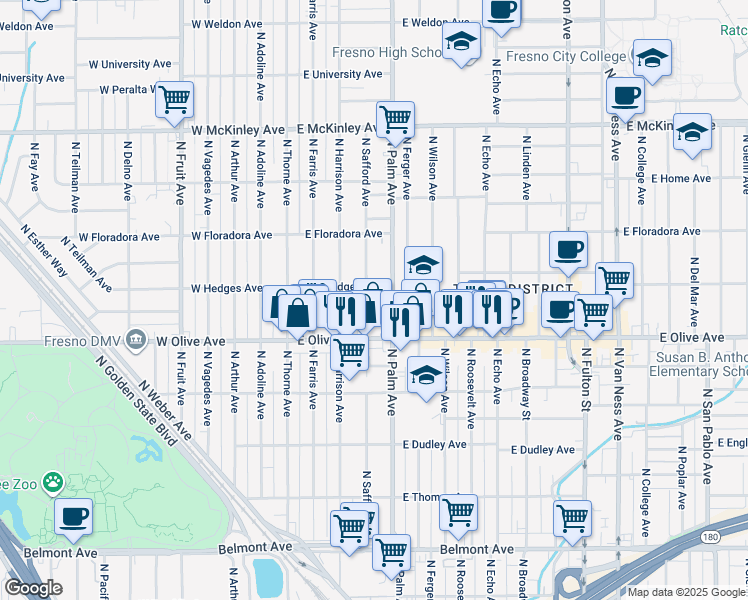 map of restaurants, bars, coffee shops, grocery stores, and more near 1278 North Safford Avenue in Fresno