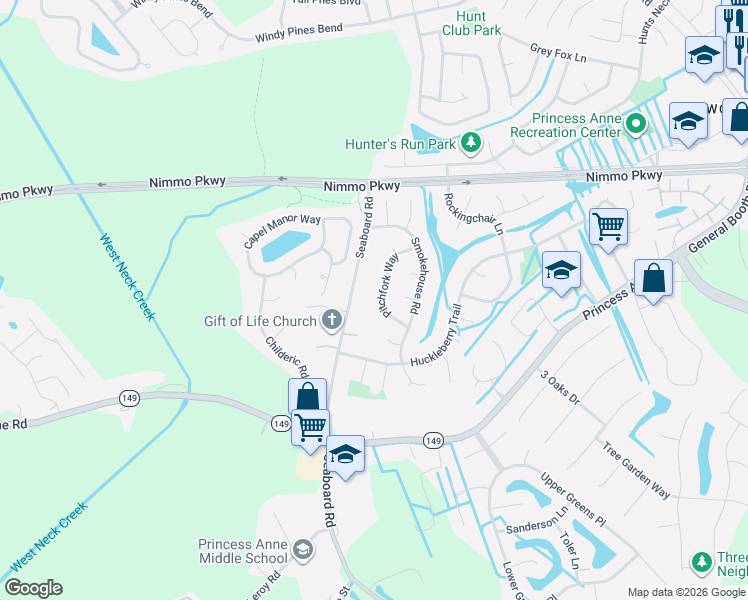 map of restaurants, bars, coffee shops, grocery stores, and more near 2429 Pitchfork Way in Virginia Beach
