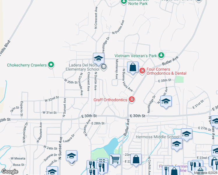 map of restaurants, bars, coffee shops, grocery stores, and more near 3405 Monterey Circle in Farmington