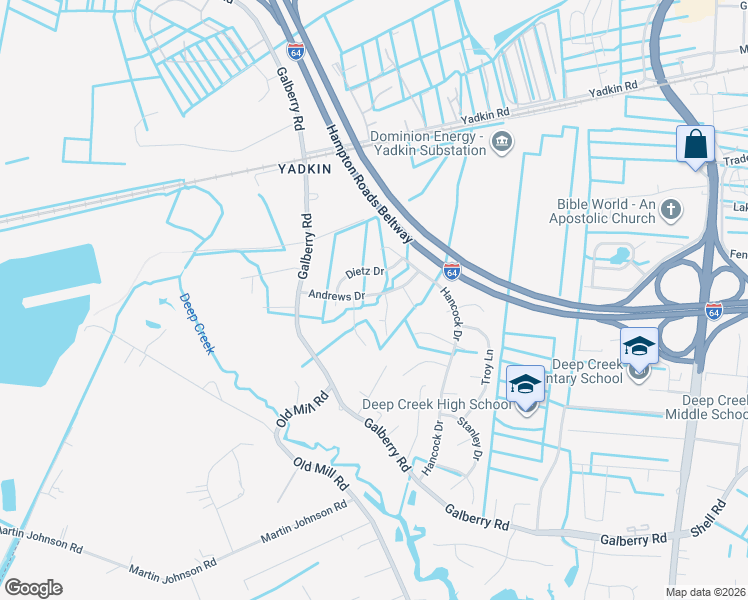 map of restaurants, bars, coffee shops, grocery stores, and more near 3321 Andrews Drive in Chesapeake