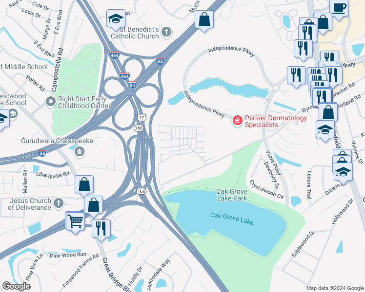 map of restaurants, bars, coffee shops, grocery stores, and more near 1221 Duchess Of York Quay in Chesapeake