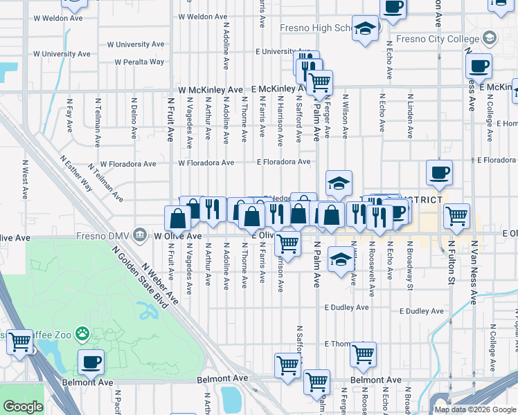 map of restaurants, bars, coffee shops, grocery stores, and more near 1275 North Farris Avenue in Fresno