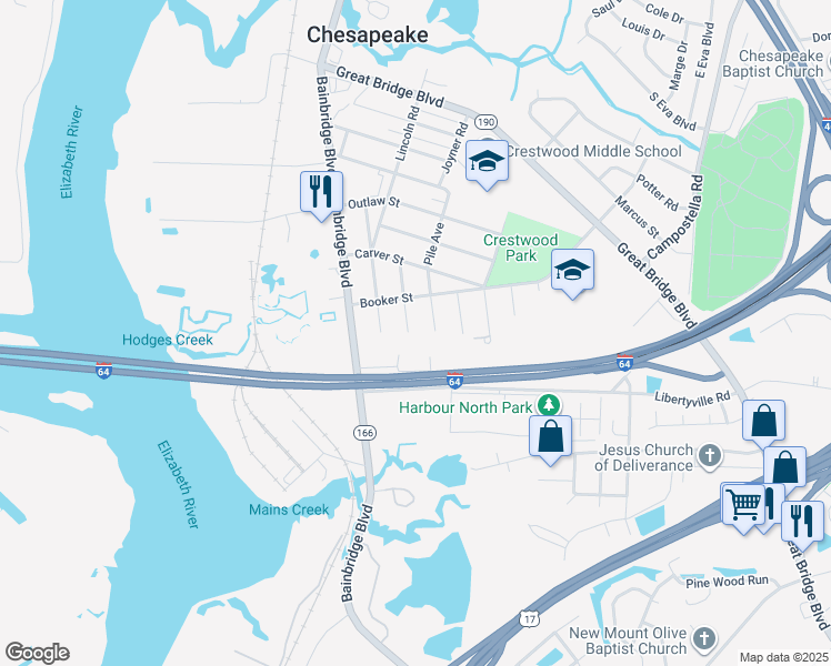 map of restaurants, bars, coffee shops, grocery stores, and more near 715 Ray Avenue in Chesapeake