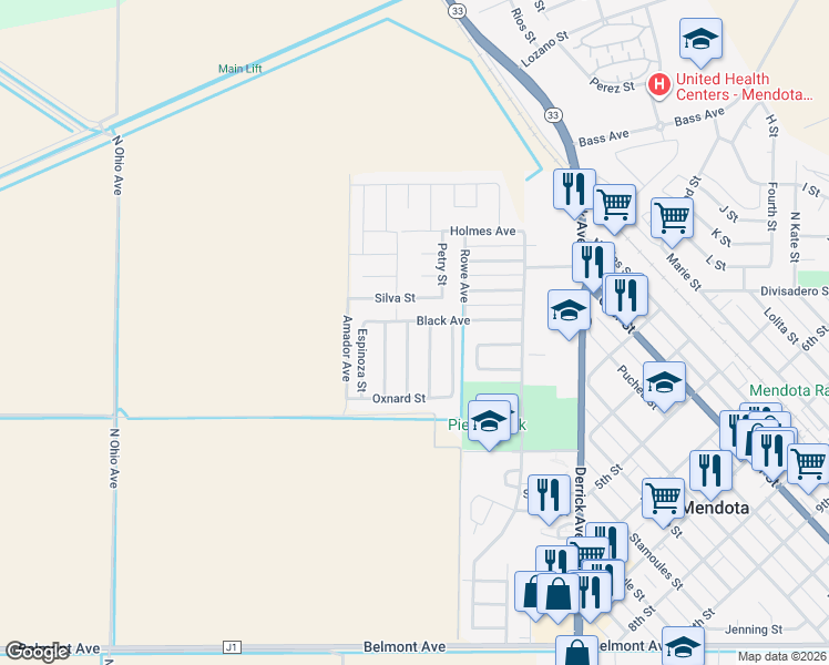 map of restaurants, bars, coffee shops, grocery stores, and more near 211 Maldonado Street in Mendota