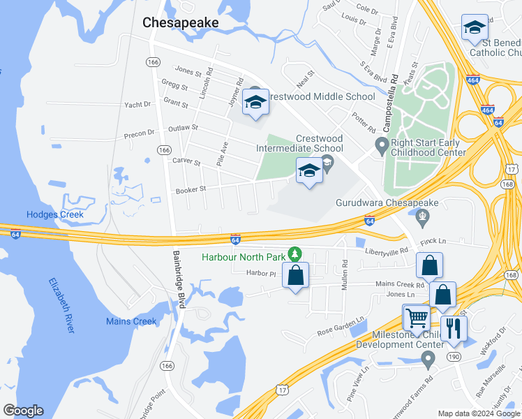 map of restaurants, bars, coffee shops, grocery stores, and more near 735 Laura Street in Chesapeake