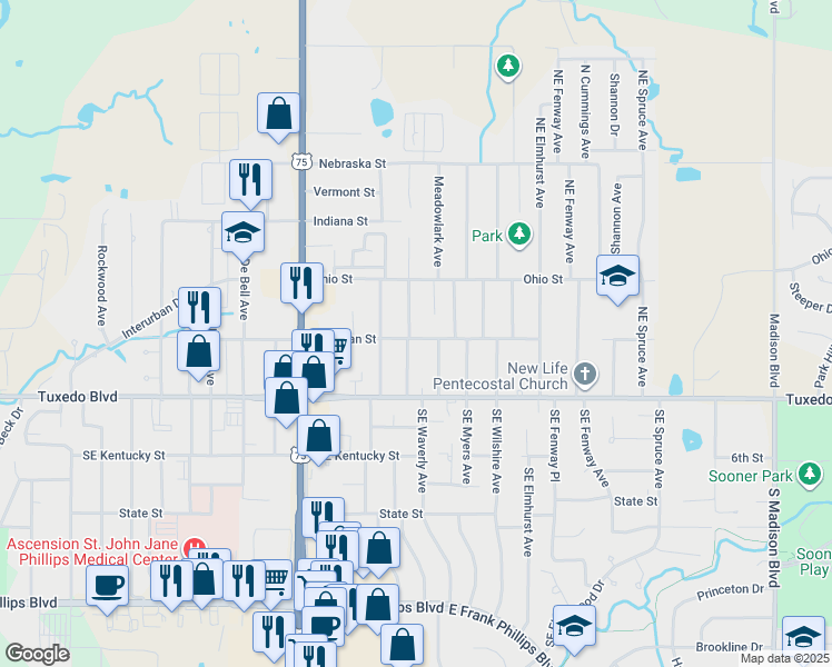 map of restaurants, bars, coffee shops, grocery stores, and more near 202 Northeast Queenstown Avenue in Bartlesville