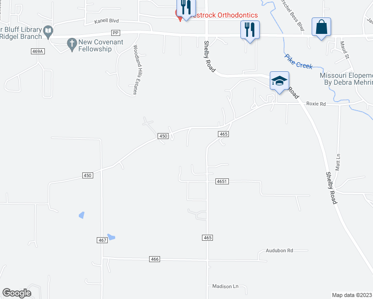 map of restaurants, bars, coffee shops, grocery stores, and more near 814 County Road 450 in Poplar Bluff