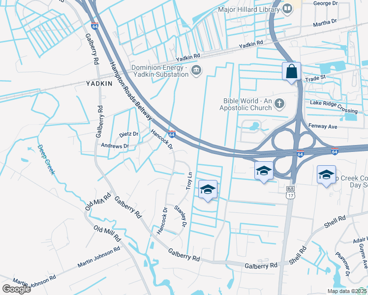 map of restaurants, bars, coffee shops, grocery stores, and more near 3906 Southall Court East in Chesapeake