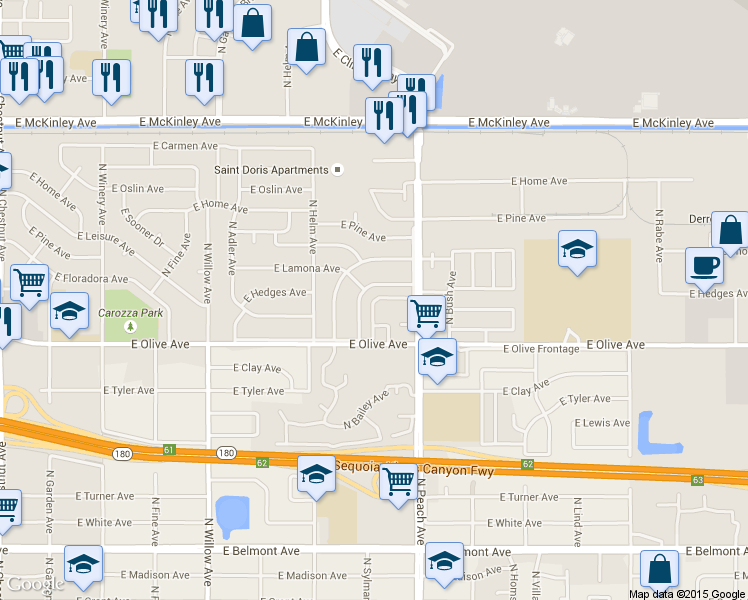 map of restaurants, bars, coffee shops, grocery stores, and more near 5148 East Hedges Avenue in Fresno