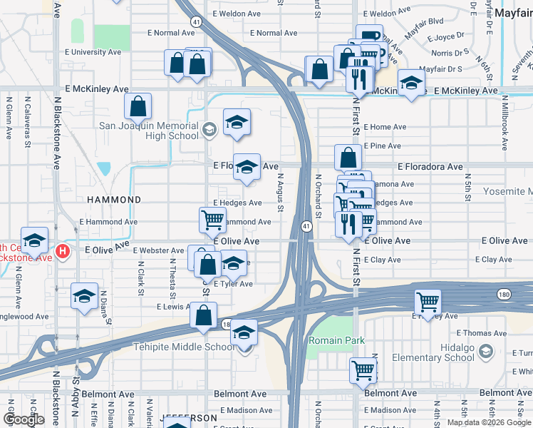 map of restaurants, bars, coffee shops, grocery stores, and more near 2811 East Hammond Avenue in Fresno