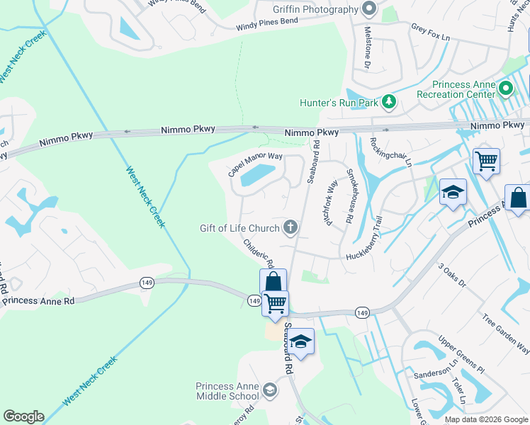 map of restaurants, bars, coffee shops, grocery stores, and more near 2313 Seaboard Road in Virginia Beach