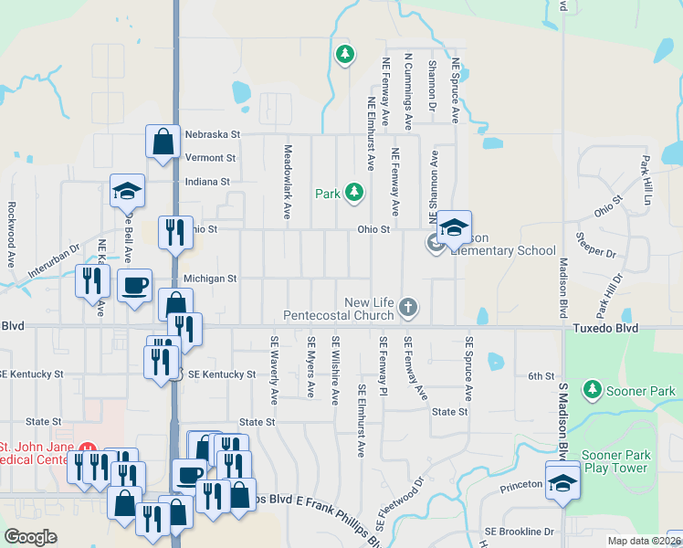 map of restaurants, bars, coffee shops, grocery stores, and more near 201 Northeast Wilshire Avenue in Bartlesville