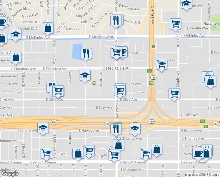 map of restaurants, bars, coffee shops, grocery stores, and more near 4163 East Hammond Avenue in Fresno