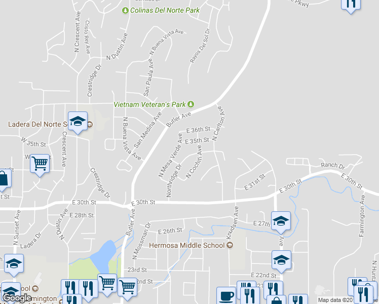 map of restaurants, bars, coffee shops, grocery stores, and more near 3309 Northridge Drive in Farmington