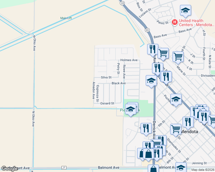 map of restaurants, bars, coffee shops, grocery stores, and more near 211 Maldonado Street in Mendota
