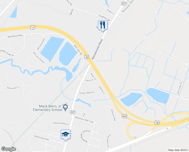 map of restaurants, bars, coffee shops, grocery stores, and more near 1511 Raven Street in Suffolk