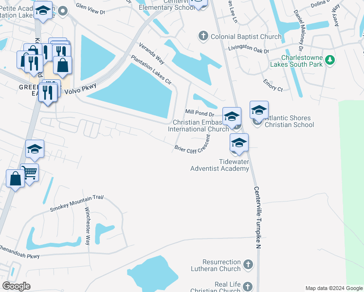 map of restaurants, bars, coffee shops, grocery stores, and more near 2004 Brier Cliff Crescent in Chesapeake