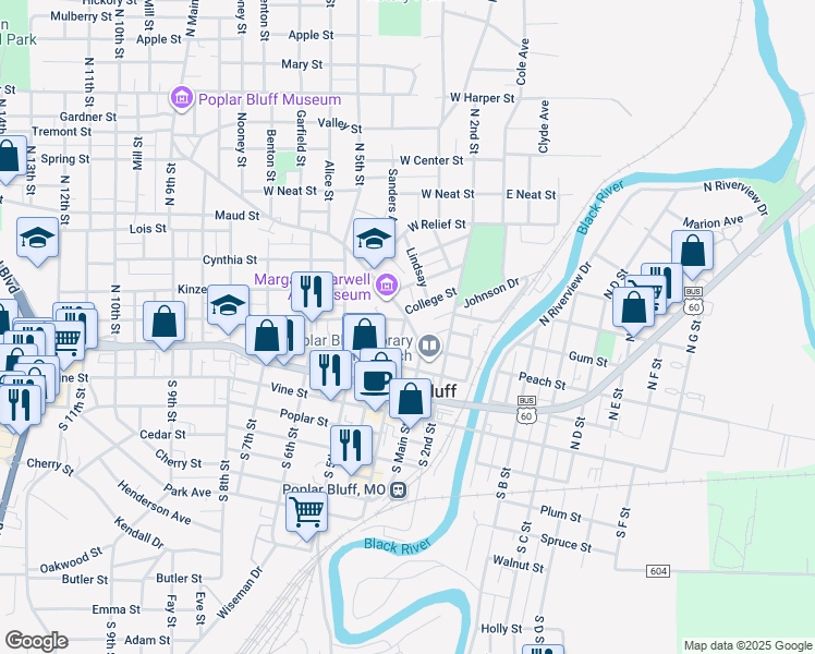 map of restaurants, bars, coffee shops, grocery stores, and more near 357 North Main Street in Poplar Bluff