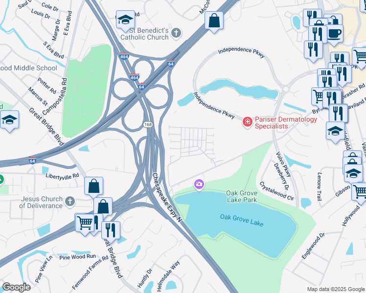 map of restaurants, bars, coffee shops, grocery stores, and more near 1301 Queens Gate in Chesapeake